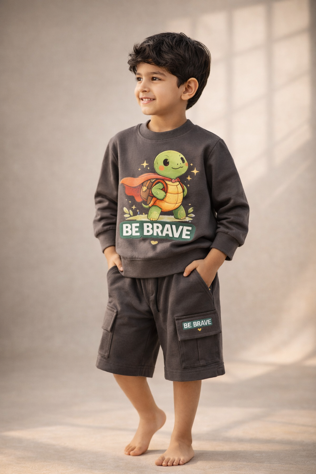 Boys' "Be Brave" Charcoal T-Shirt & Cargo Shorts Set – Lightweight Summer Travelwear