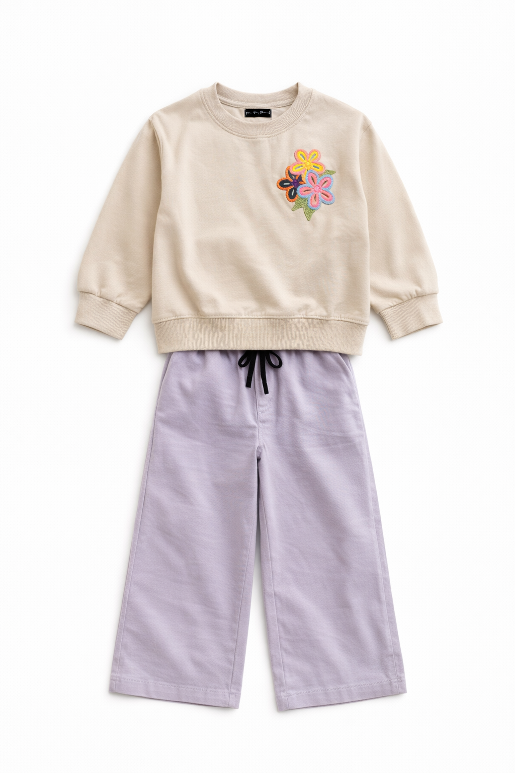 Girls' Beige Tee with Crochet Floral Patch & Lilac Wide-Leg Playwear Set
