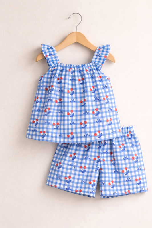 Girls Summer Co-Ord Set – Blue Check Cherry Print Sleeveless Top & Shorts | Kids Lightweight Breathable Playwear & Vacation Outfit
