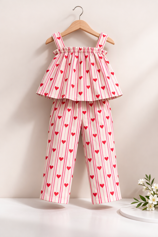 Girls Summer Co-Ord Set – Heart Print Striped Sleeveless Top & Pants | Kids Lightweight Breathable Casual Playwear Outfit