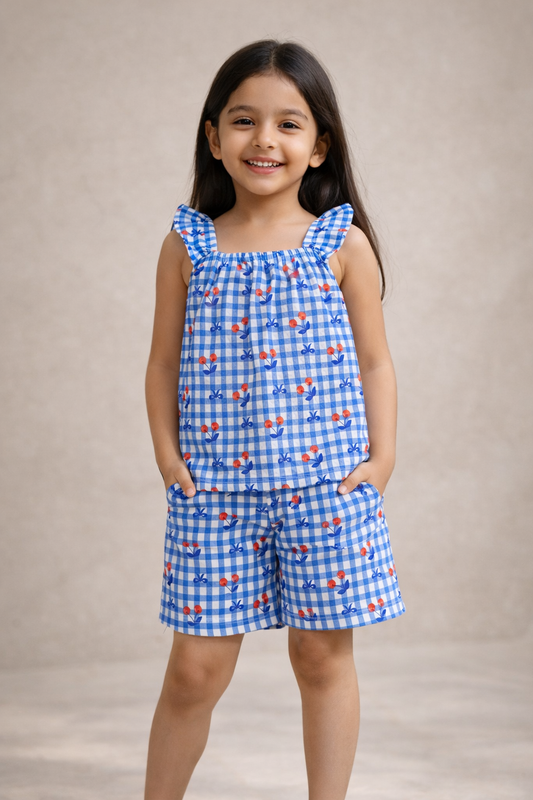 Girls Summer Co-Ord Set – Blue Check Cherry Print Sleeveless Top & Shorts | Kids Lightweight Breathable Playwear & Vacation Outfit