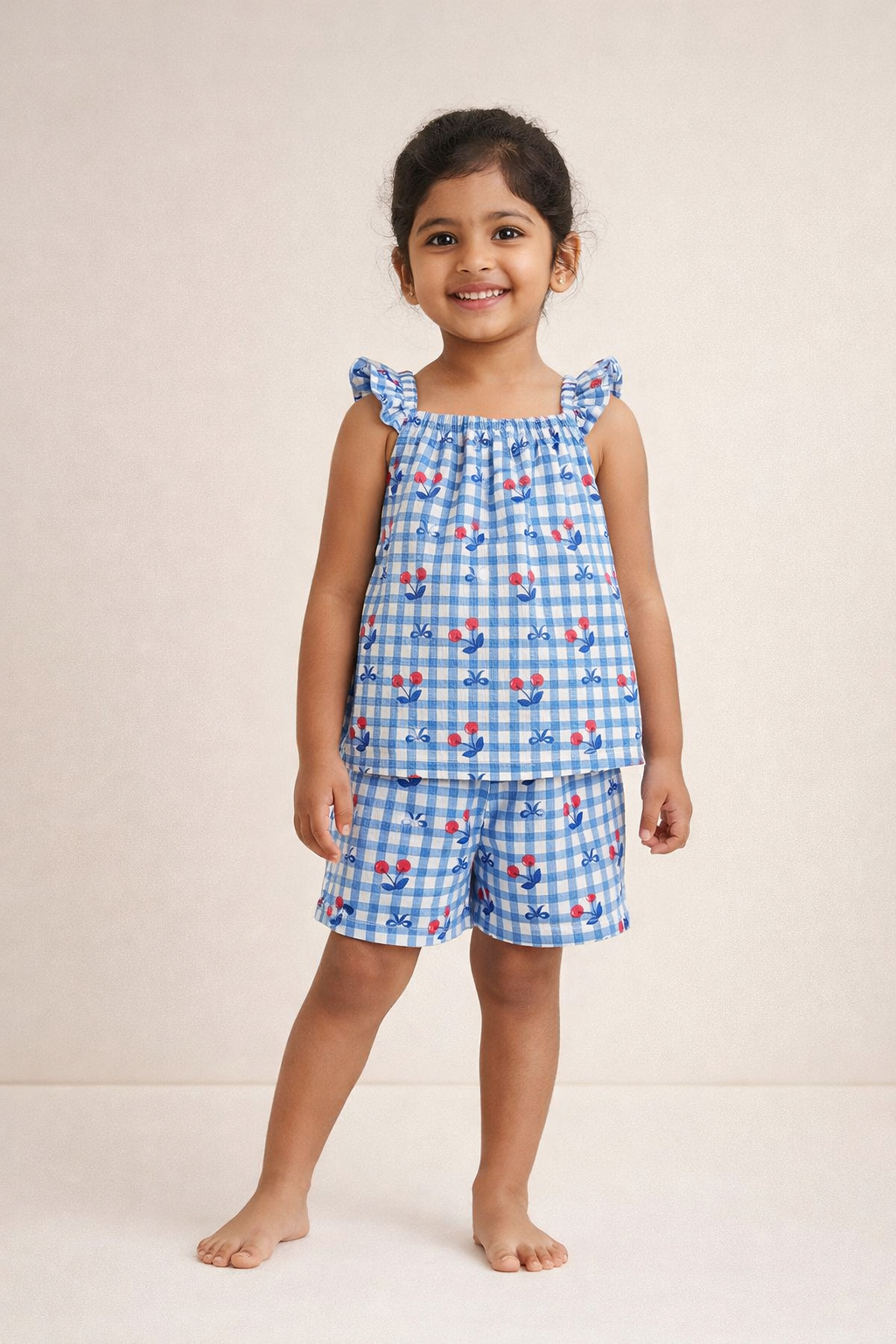 Girls Summer Co-Ord Set – Blue Check Cherry Print Sleeveless Top & Shorts | Kids Lightweight Breathable Playwear & Vacation Outfit