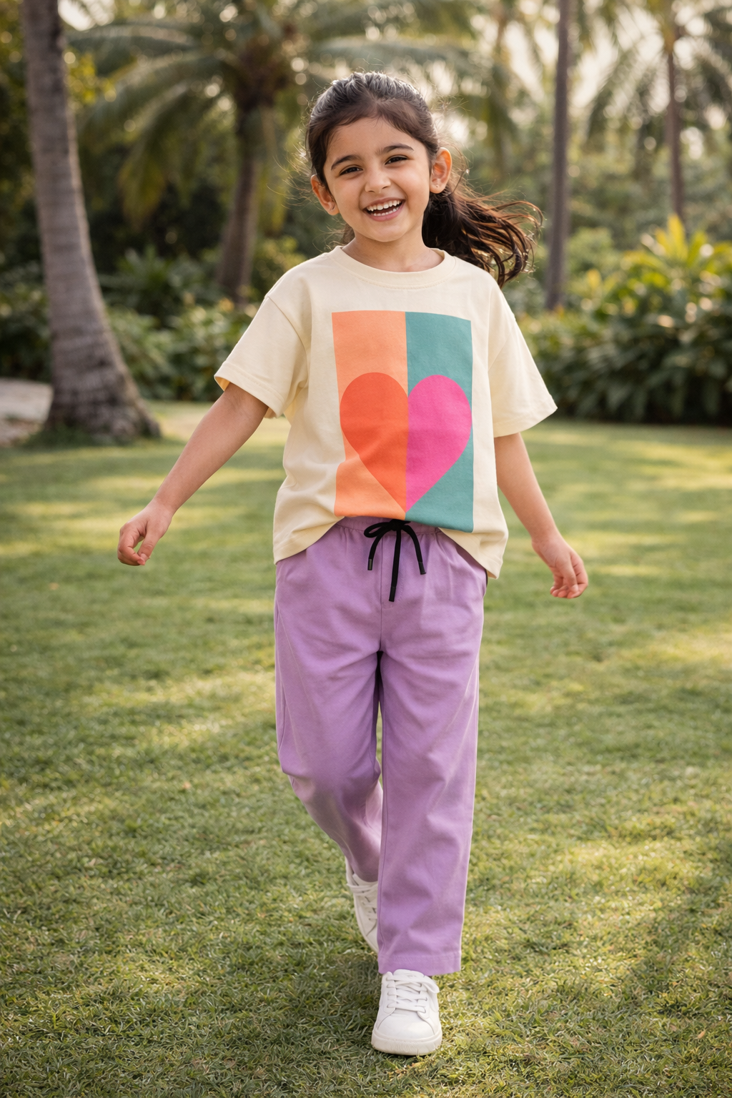 Girls' Ivory Heart Graphic Tee & Lilac Trousers Playwear Set