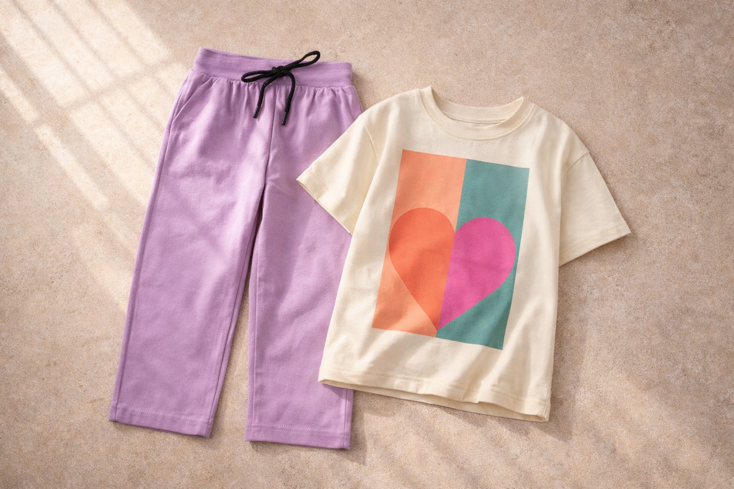 Girls' Ivory Heart Graphic Tee & Lilac Trousers Playwear Set